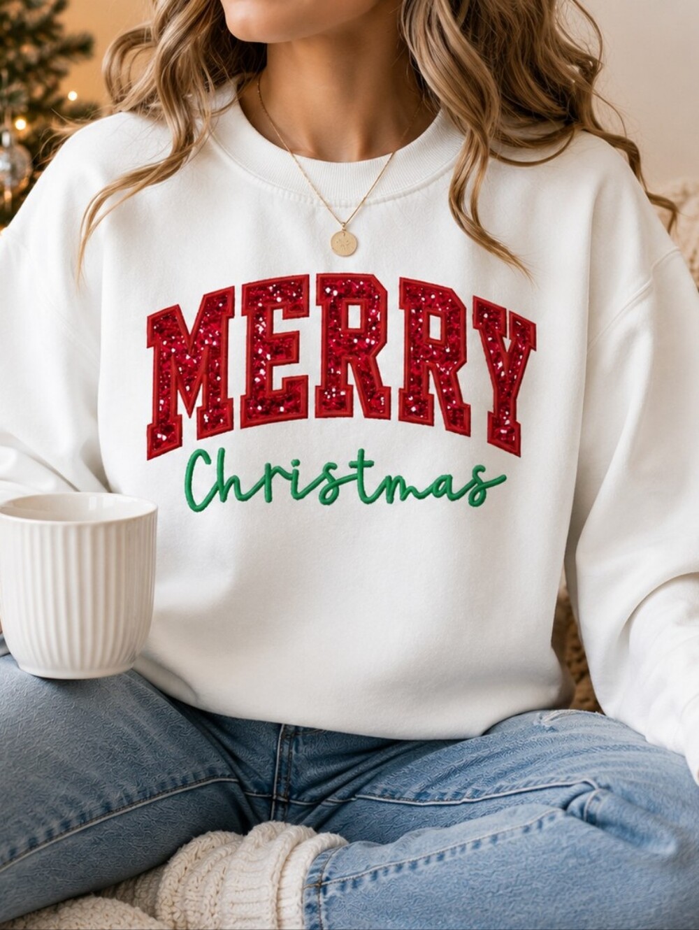 White Crewneck Sweatshirt EMBROIDERED with Red 'MERRY' and Green 'Christmas'